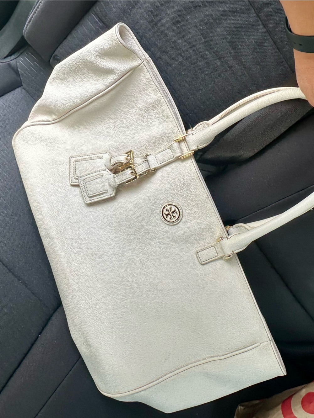 Tory Burch Ivory Leather Tote with Gold-Tone Hardware